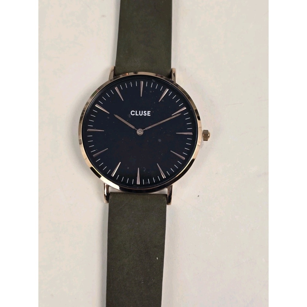 CLUSE Women's Quartz Watch Minuit Olive Leather Strap Rose Gold Case Black Dial